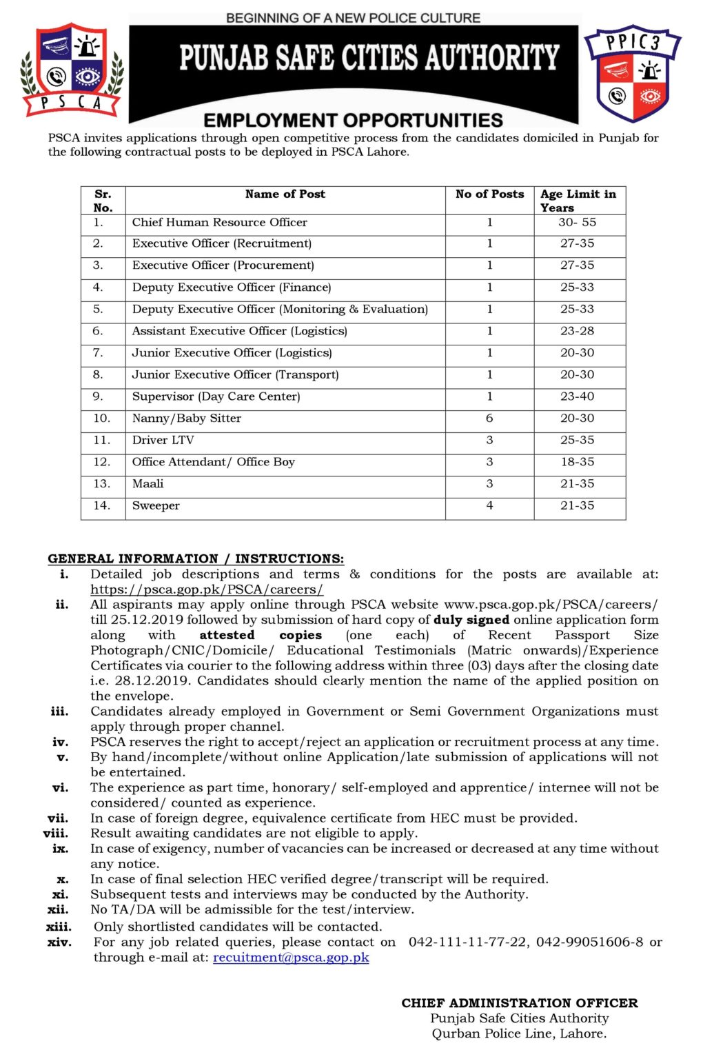 Punjab Safe City Authority Lahore Jobs December 2019 Jobs For Pakistan