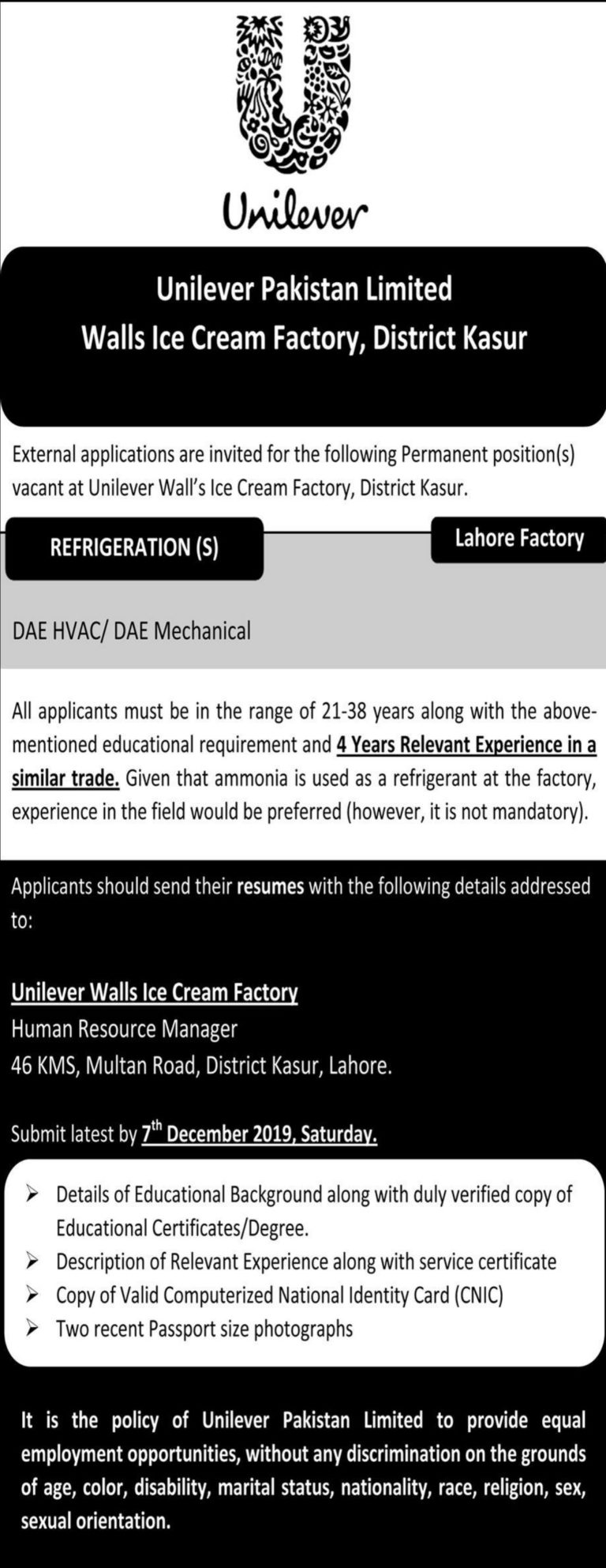 Unilever Pakistan Limited Lahore Jobs December 2019 For Refrigeration
