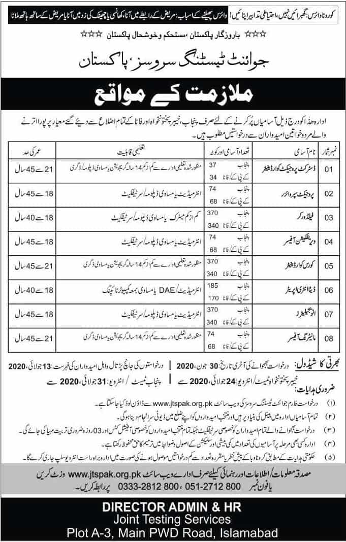 Joint Testing Services Pakistan Jobs 2020 for Pakistan