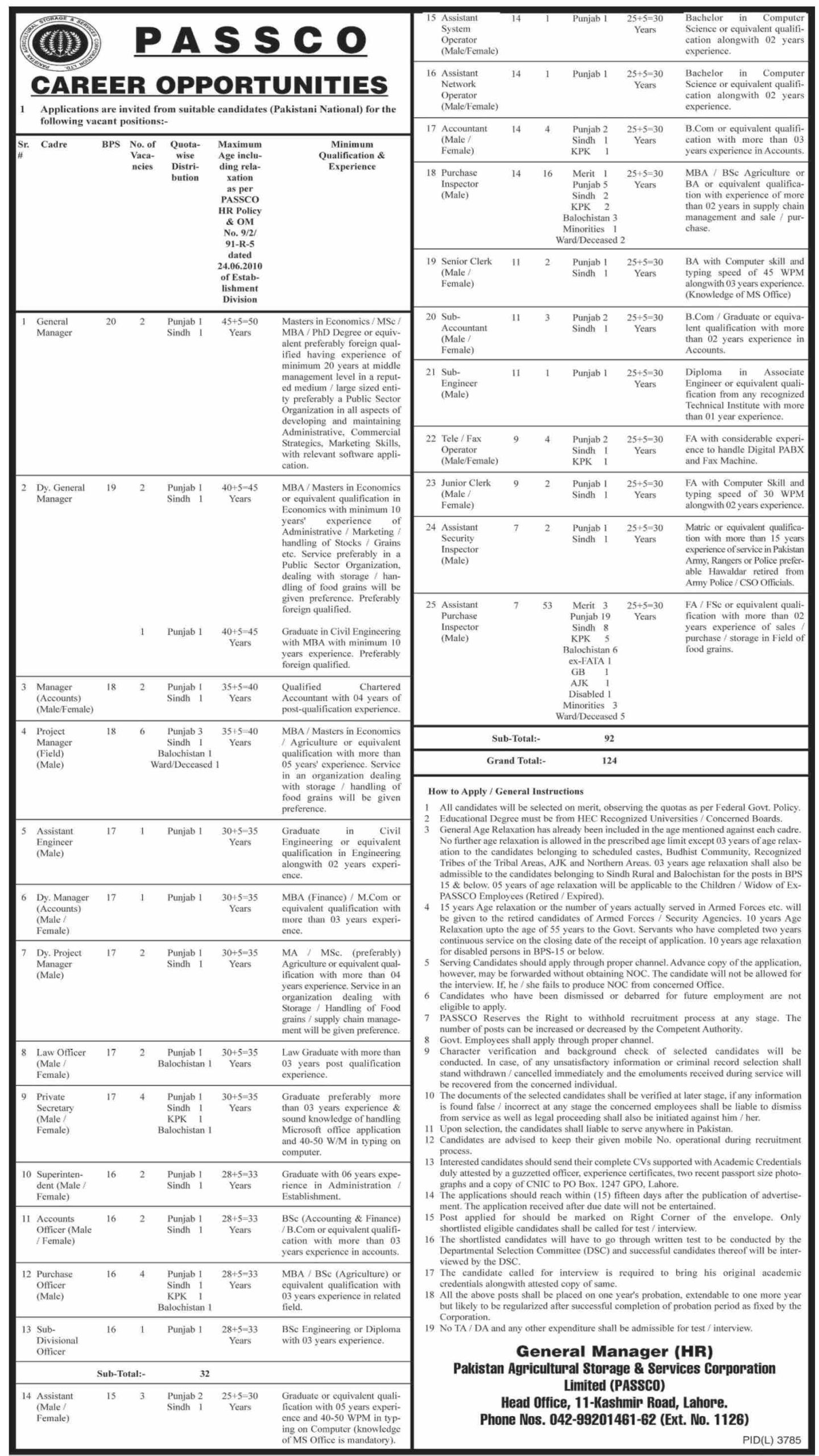 Pakistan Agriculture Storage And Services Corporation Limited PASSCO Jobs June 2020 (124 Posts)
