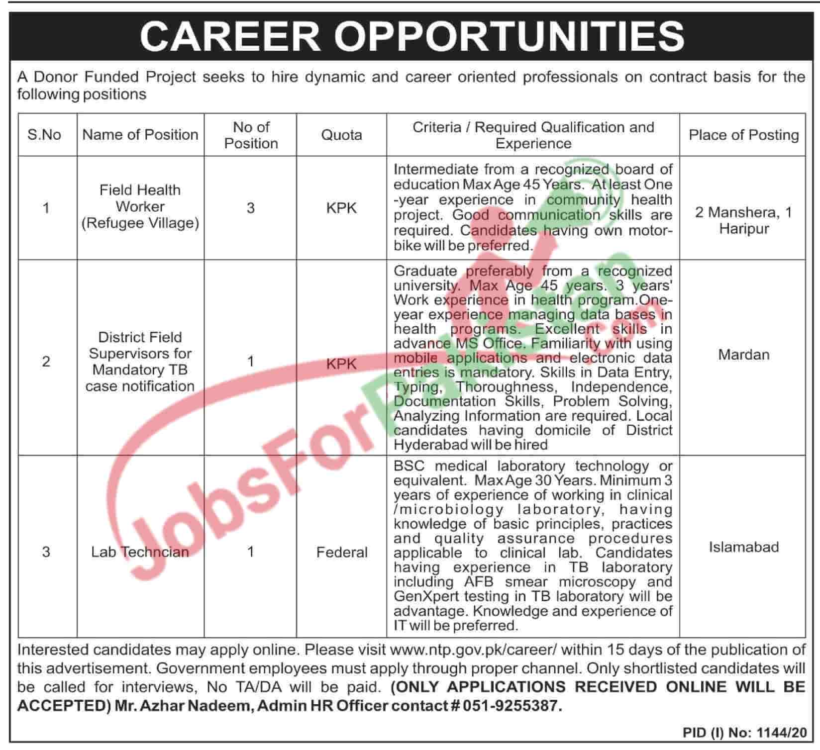 National TB Control NTB  Islamabad Jobs Advertisement Apply online 