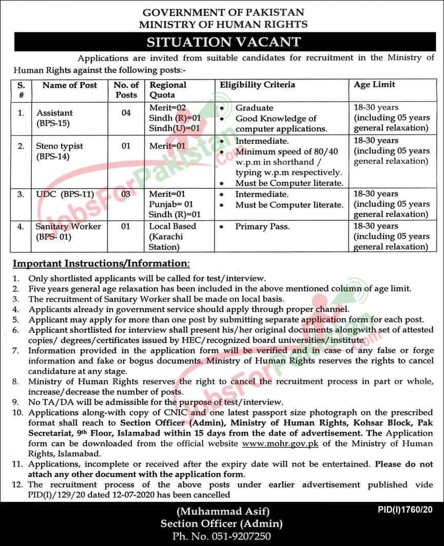 Ministry of Human Rights , Islamabad Jobs 2020 October Original Advertisement